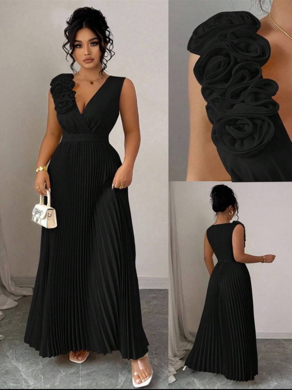 NWOT: Elegant Black Pleated V-Neck Maxi Dress with Rosette Shoulder